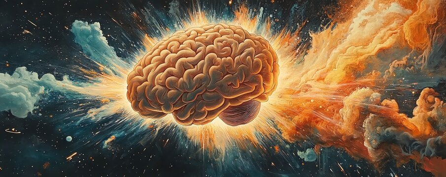 Conceptual brain exploding with creativity in vivid colors.