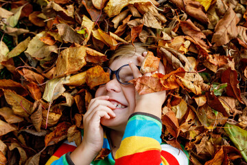 Fall portrait of little preschool girl in autumn park on warm october day with oak and maple leaf. Child with lot of leaves. Family outdoors fun. Kid smiling. Healthy funny child with eyeglasses