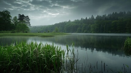 Fototapeta premium Serene Lake and Lush Forest Under a Cloudy Sky