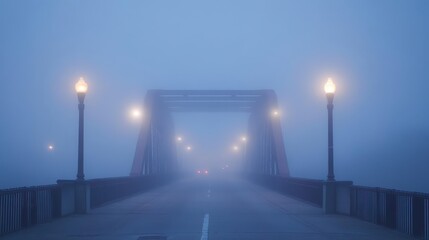 A foggy bridge illuminated by streetlights, creating a mysterious atmosphere.