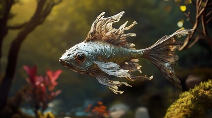 Obraz premium Metallic Goldfish in a Lush Forest Setting