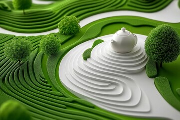 Geometric design of rolling tea plantation hills, using abstract shapes to capture the harmony and rhythm of the landscape