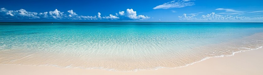 Fototapeta premium Pristine sandy beach meeting azure ocean waters, a tranquil coastal paradise