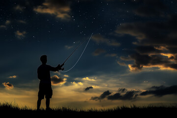 a man stands on the ground, fishing in the sky. he casts his line into the fluffy clouds above, with shimmering stars sparkling as he pulls them out