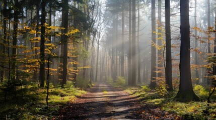 Fototapeta premium Sunlight Filtering Through a Foggy Forest Path