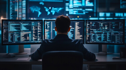 Data scientist analyzing complex datasets on multiple screens in a research lab.