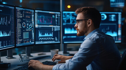 Data scientist analyzing complex datasets on multiple screens in a research lab.