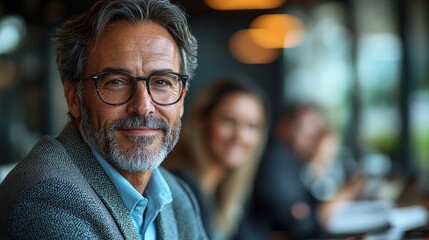 A smiling man in glasses at a business meeting, with colleagues blurred in the background.