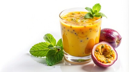 A glass of refreshing passion fruit smoothie garnished with mint leaves and whole passion fruits on a white background.