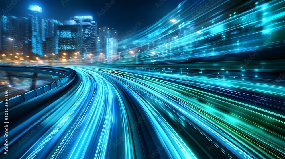 Poster a night cityscape with glowing blue streaks of light representing fast speed and motion on an empty 