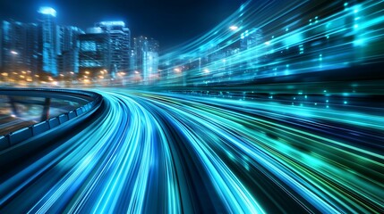 Naklejka premium A night cityscape with glowing blue streaks of light representing fast speed and motion on an empty road.
