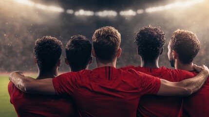 Soccer team standing arminarm, singing the national anthem before a tournament final, soccer, tournament, tradition
