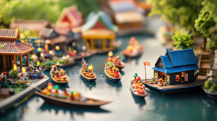 Fototapeta premium vibrant floating market scene with colorful boats selling handmade goods, surrounded by lush greenery and traditional structures. lively atmosphere captures essence of local culture and commerce