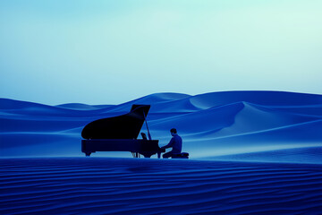 a solitary figure sits at a grand piano in the middle of an endless desert. sand dunes stretch out infinitely under a deep blue twilight sky
