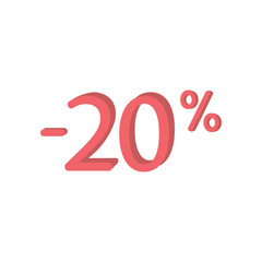 minus 20 % percent, discount sign. Marketing, adv, element, sale, decrease, price, gift, depreciation, reduction on isolated background Vector illustration