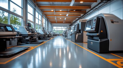 Obraz premium A clean, modern production hall with gleaming CNC milling machines, showcasing advanced automation and a spacious, brightly lit, innovative workspace