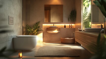 A contemporary bathroom with a minimalist white toilet, warm wooden accents in the background, soft ambient light creating a serene atmosphere, Scandinavian style, Warm tones