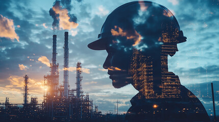 Double exposure Engineer hardhat integrates cloud-based platforms for global coordination of supply chain activities.