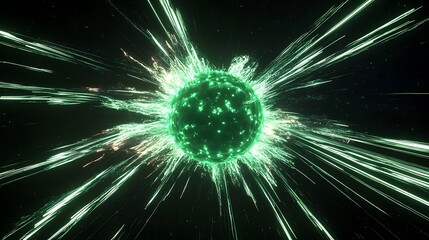 Obraz premium A glowing green sphere with white streaks of light radiating outwards, set against a dark background.
