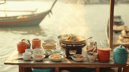 Obraz premium vendor serving delicious tom yum soup at riverside market, surrounded by colorful bowls and ingredients. steam rises, creating warm and inviting atmosphere