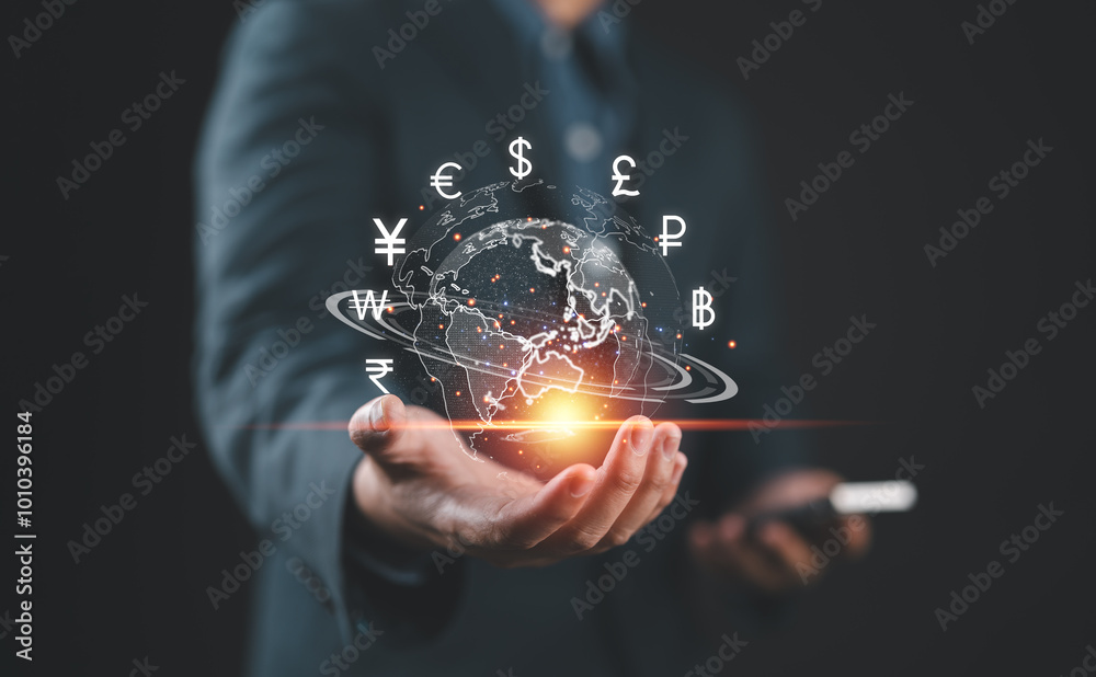 Poster online banking interbank payment concept. businessman with virtual global currency symbols in hand. 