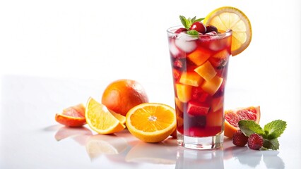 Fototapeta premium Refreshing fruit punch with ice, mint, and citrus garnishes.