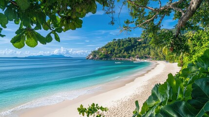 A picturesque white sand beach with calm blue waters, framed by lush greenery and a clear blue sky, offering a peaceful and tropical atmosphere