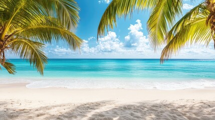 A pristine white sand beach with turquoise waters meeting the horizon, framed by palm trees and a clear, sunny sky, perfect for a tranquil retreat