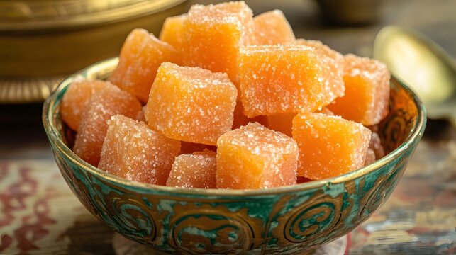 Sweet and chewy petha cubes in a decorative bowl