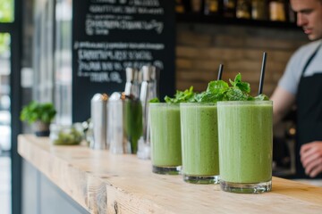 Row of green smoothies on a bar counter. The bartender is preparing more smoothies in the background