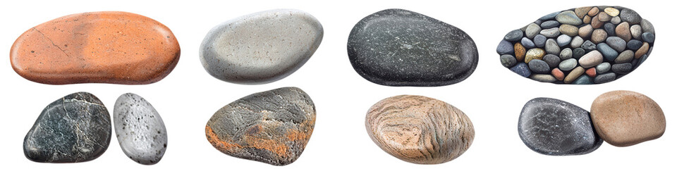 Fototapeta premium Collection of various pebbles on a white isolate background, transparent background