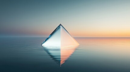 Futuristic 3D illustration of a floating transparent crystal pyramid above a reflective water surface, featuring soft blue and orange lighting, creating a serene, geometric, and surreal scene ideal fo