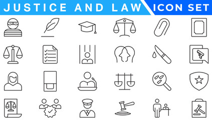 Justice icon set. Containing justice law, court legal, lawyer, judgment, authority, criminal and prison icons. Vector illustration. Solid icon collection