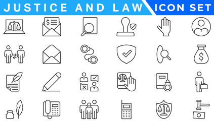 Justice icon set. Containing justice law, court legal, lawyer, judgment, authority, criminal and prison icons. Vector illustration. Solid icon collection