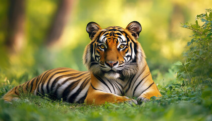 Fototapeta premium Regal Bengal tiger resting amidst lush green forest, showcasing majestic stripes under soft daylight.
