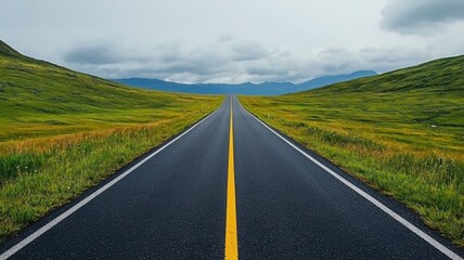 Fototapeta premium A straight, empty road stretches through green fields under a cloudy sky, leading towards distant mountains.