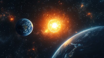 Obraz premium A vibrant, fiery sun illuminates two planets in a cosmic expanse, showcasing the vastness of the universe.