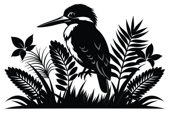 black and white bird sitting in foliage clip art preview