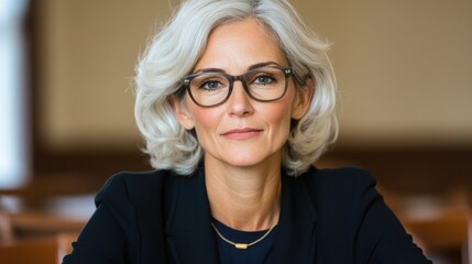Fototapeta premium Confident professional woman with silver hair and glasses
