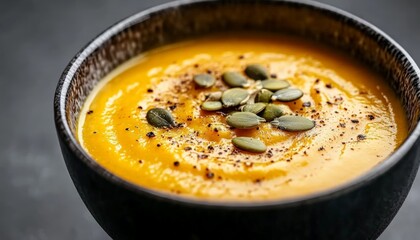 Creamy Pumpkin Soup with Roasted Pumpkin Seeds in Rustic Bowl