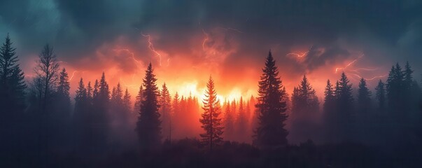 Moody forest landscape during a thunderstorm, with lightning flashing in the distance and dark clouds rolling overhead