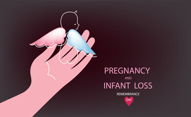 International day of Pregnancy and infant loss remembrance day line art poster. Unborn child with wings. Miscarriage and terminated pregnancy concept. Vector doodle hand drawn illustration.