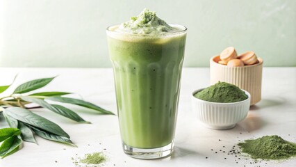 Iced matcha latte with whipped cream, matcha powder, and cookies.