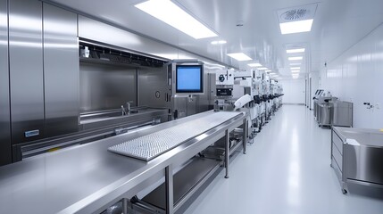 Fototapeta premium High-tech automated factory, robots scanning food products for contaminants, sleek stainless steel machinery, advanced AI-driven monitoring systems