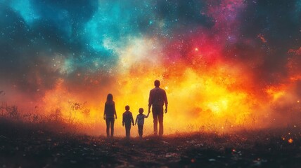 A family silhouette against a vibrant cosmic background.