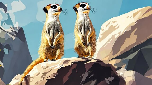 Two meerkats stand on a rock, looking out over the vast, blue sky