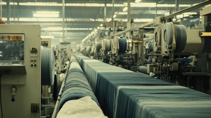 A busy textile factory production line with machines and conveyor belts, showcasing fabric being processed efficiently