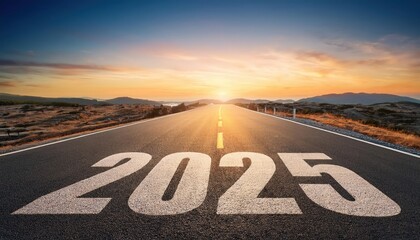 Go to the New Year 2025. Happy New Year greeting card 2025, Happy New Year 2025 letters on the road
