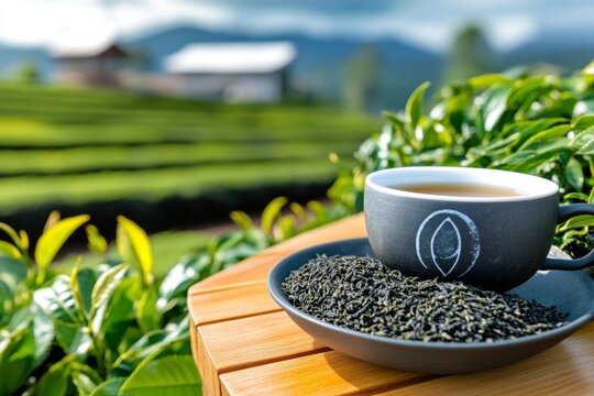 A small tea processing factory on the edge of a plantation, with tea leaves drying in the sun, symbolizing the journey from leaf to cup