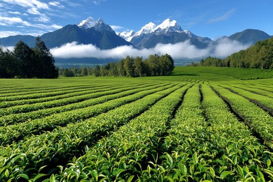 A tea plantation set against a backdrop of tall mountains, with clouds rolling over the peaks, adding to the majestic beauty of the tea-growing region